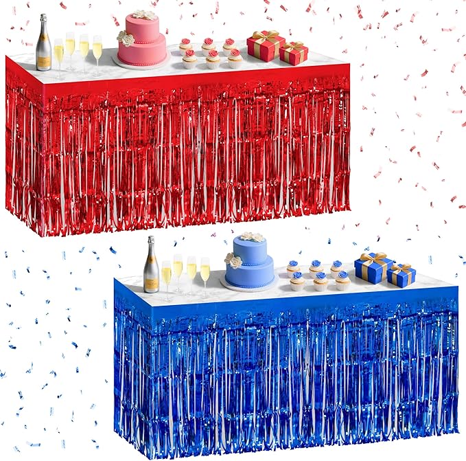 2 Pack Red Dark Blue Table Skirts, 29x108" Metallic Foil Tinsel Fringe Table by Unknown