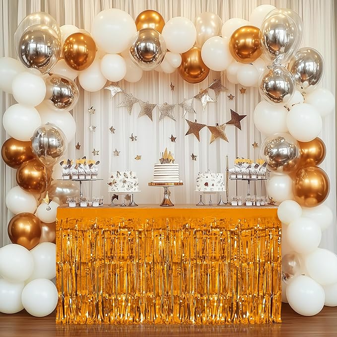 2 Pack Black Orange Table Skirts, 29x108" Metallic Foil Tinsel Fringe Table - Image 2