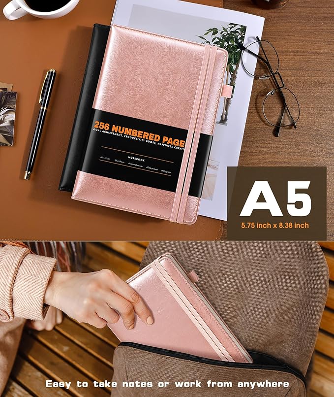 Lined Journal Notebook for Women Men, 256 Numbered Pages Hardcover Leather - Image 3