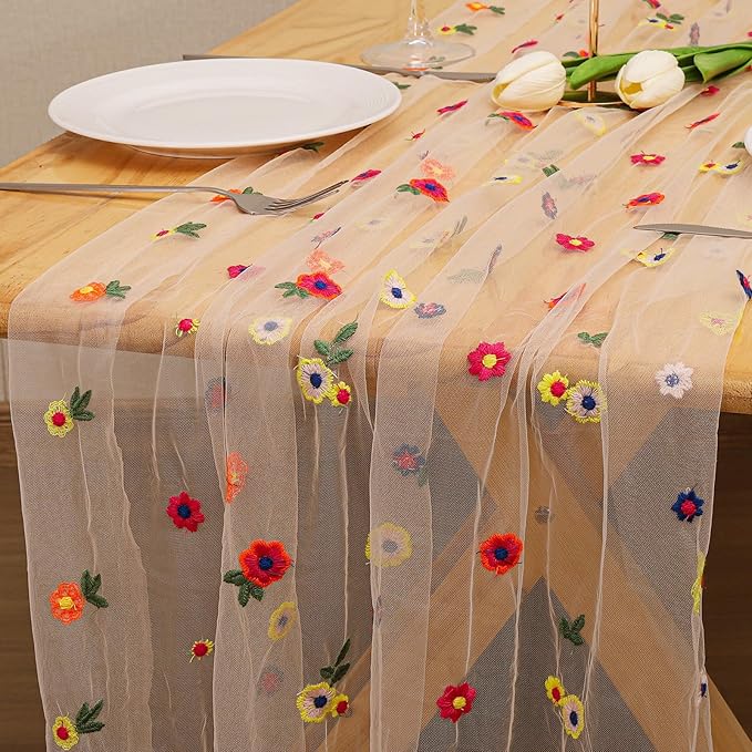 BINBE 1pcs Champagne Daisy Fall Table Runner Embroidery Gauze 10FT Florals - Image 3