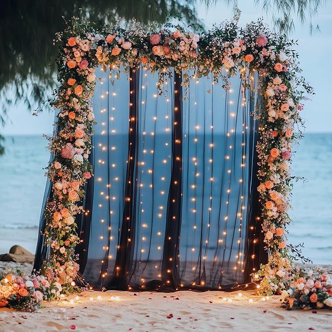 Tulle Backdrop Curtain with Lights String 10FT X 8FT Black Sheer Tulle Backdrop - Image 7