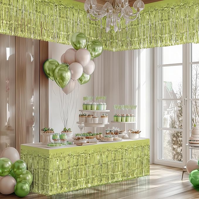 2 Pack Lime Green Table Skirts, 29x108" Metallic Foil Tinsel Fringe Table Skirt - Image 7