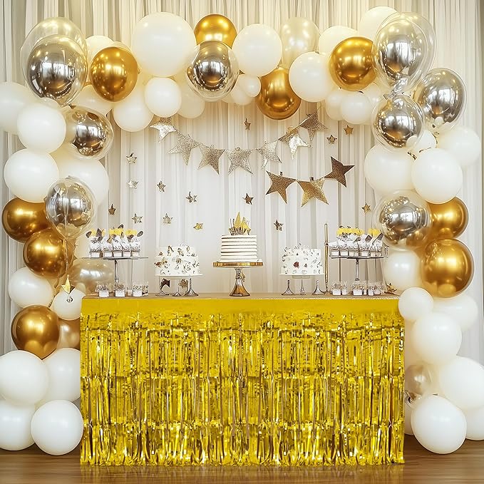 2 Pack Gold Table Skirts, 29x108" Metallic Foil Tinsel Fringe Table Skirts - Image 2