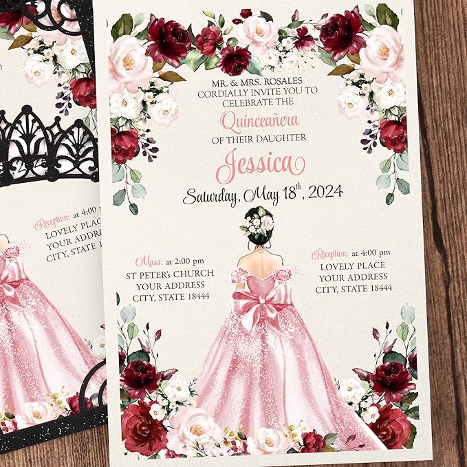50Pcs Pink Crown Invitations for Quinceanera, 15 year, Sweet 16, Miss XV - Image 6