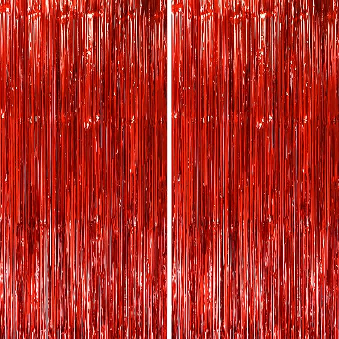 2 Pack Red Tinsel Foil Fringe Curtains, Metallic Tinsel Party Streamers Backdrop by Voircoloria