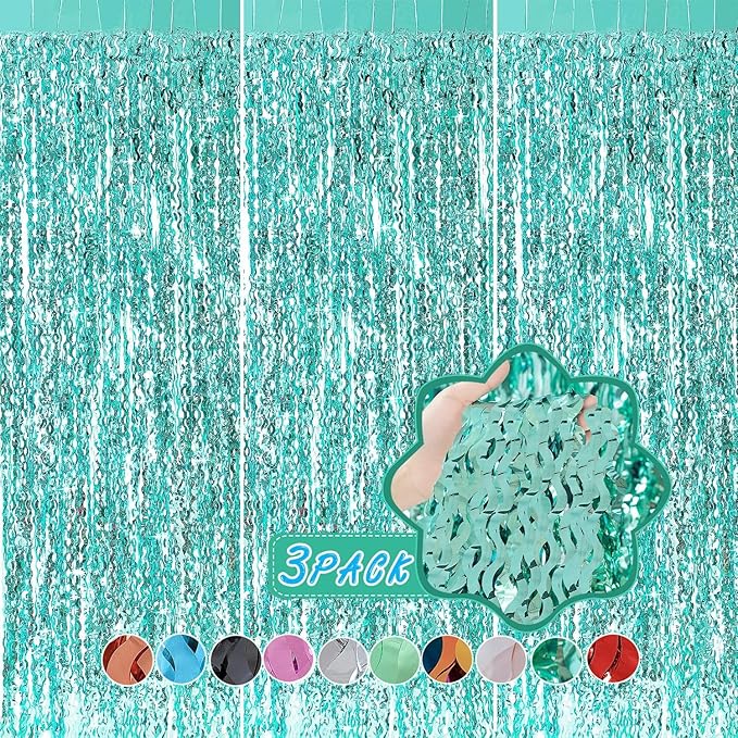 3 Pack Teal Aqua Blue Wave Foil Curtains by CYLMFC
