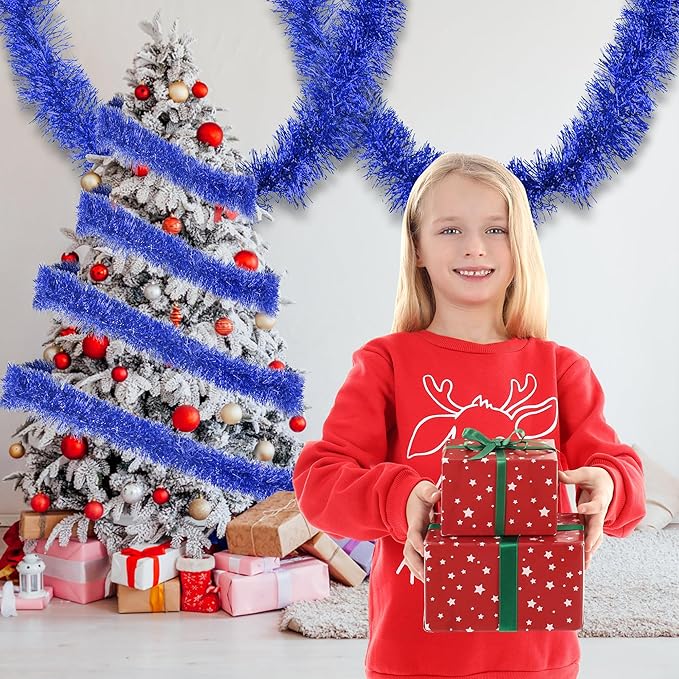 32.8 Ft Blue Christmas Tinsel Garland Metallic Shiny Tassle Banner Wall Hanging - Image 4