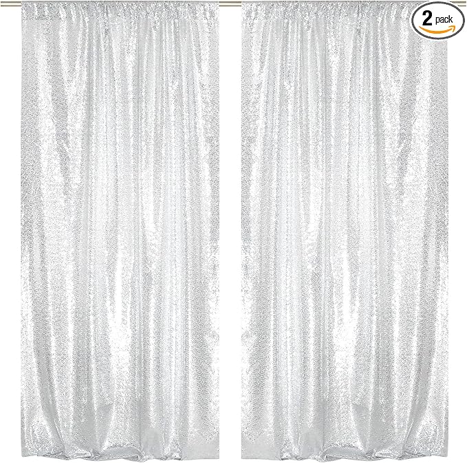 SquarePie Sequin Backdrop Curtain 8FT x 10FT Silver Satin Backing Fabric by SquarePie