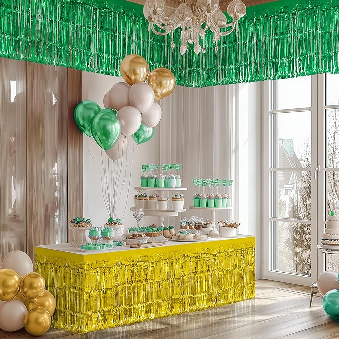 3 Pack Red Green Gold Table Skirts, 29x108" Metallic Foil Tinsel Fringe Table - Image 7