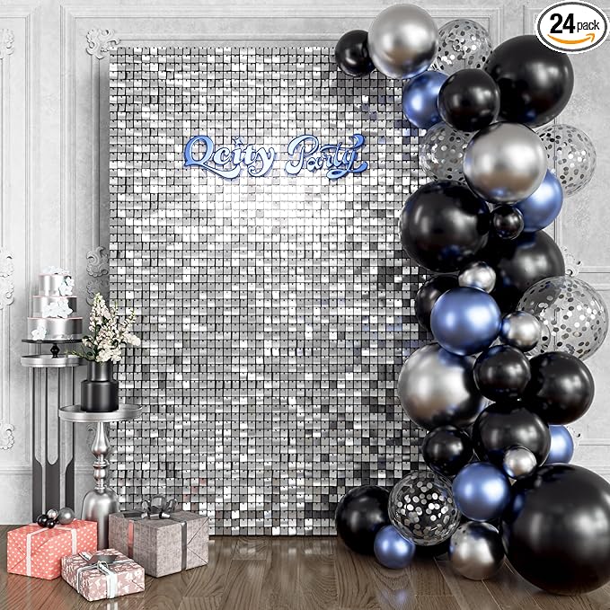 Qcity Silver Shimmer Wall Backdrop 24PCS, Square Sequin Glitter Backdrop Panel by QCITY