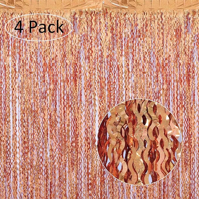 4 Pack 3.3x6.6ft Wavy Orange Foil Fringe Backdrop Curtains -Tinsel Streamers - Image 2