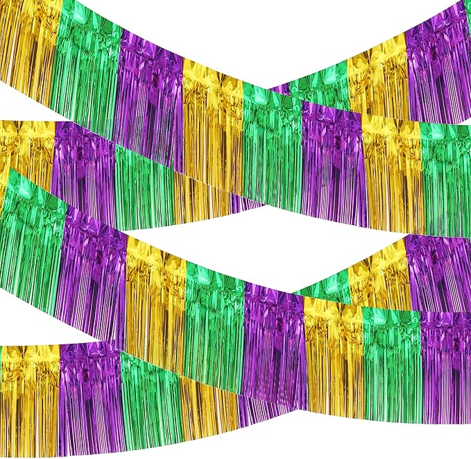 4 Pack 10 Feet Green Gold Purple Foil Fringe Garland Metallic Tinsel Streamers by ILHSTY