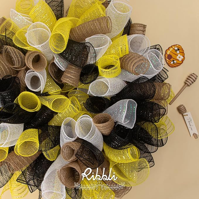 Ribbli 2 Rolls Yellow Mesh Ribbon, 10 inch x 30 feet Each Roll, Metallic Yellow - Image 3