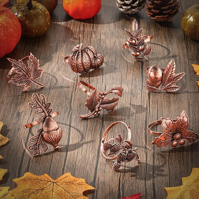 Remerry 8 Pcs Thanksgiving Napkin Ring Harvest Fall Leaf Pumpkin Holders Retro - Image 6