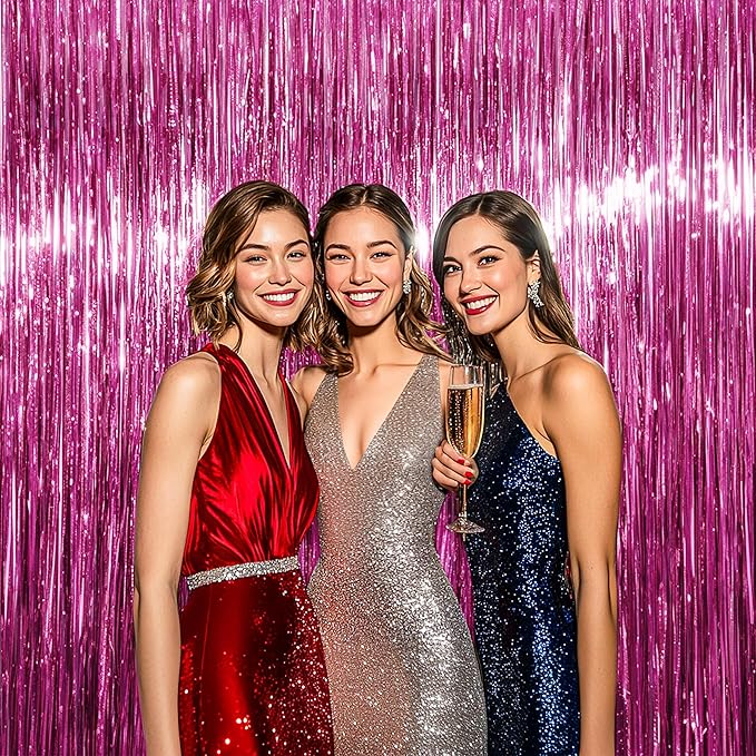 BTSD-home 4 Pack Pink Fringe Curtain, Metallic Photo Booth Backdrop Tinsel Door - Image 5