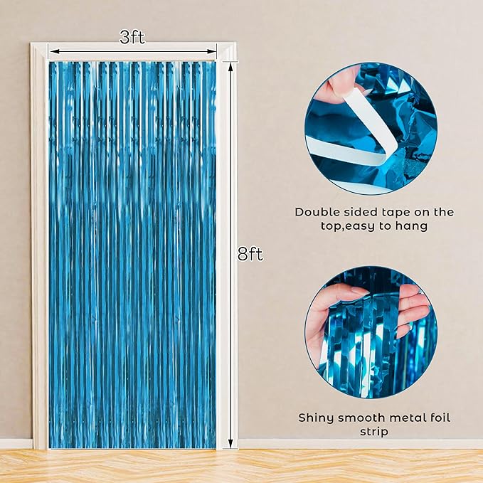 BTSD-home Aquamarine Foil Fringe Curtain, Metallic Photo Booth Backdrop Tinsel - Image 2