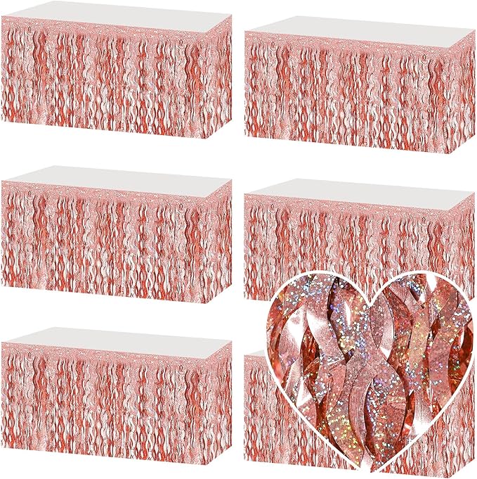 6 Pack 29x108 Inch Rose Gold Wave Foil Fringe Table Skirts Metallic Banner by Mebiornt