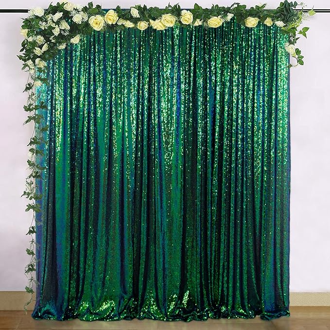 ShinyBeauty Iridescent Green Sequin Backdrop Curtain 5FTx10FT 2 Panels - Image 2