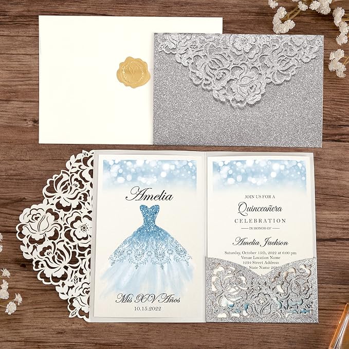 DORIS HOME 50pcs Laser Cut Quinceanera Invitations Silver Glitter, 4.7x7.1 - Image 2