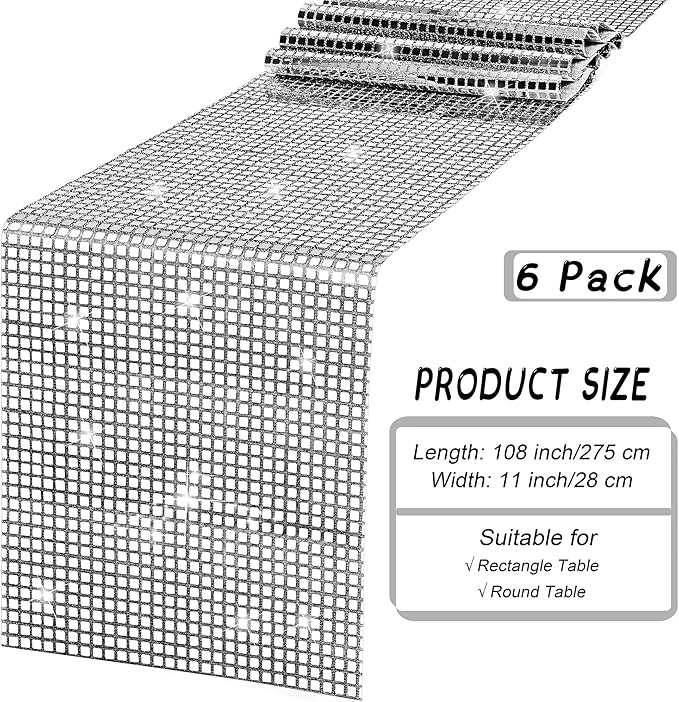 Durony 6 Pack Disco Party Table Runners, 11 x 108 Inch Silver Glitter Foil - Image 2