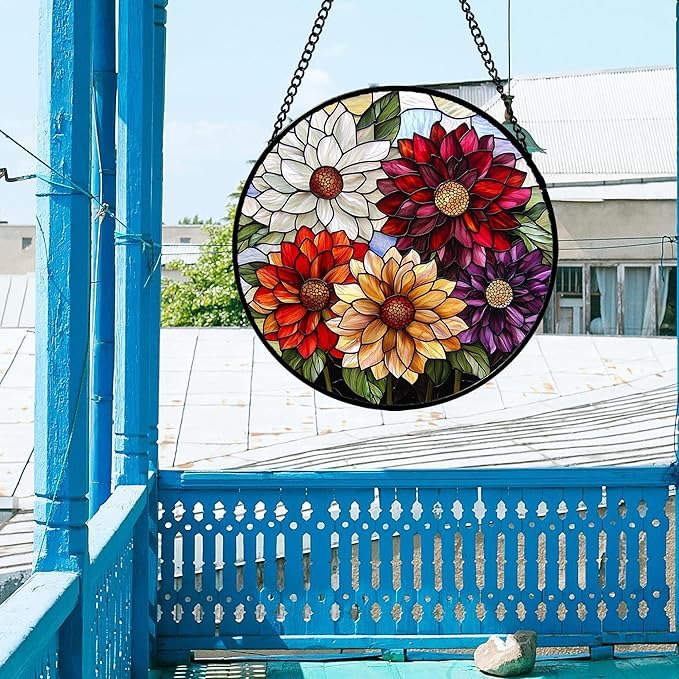 Stained Glass Window Hanging, Colorful Flowers Sun Catcher - Image 2
