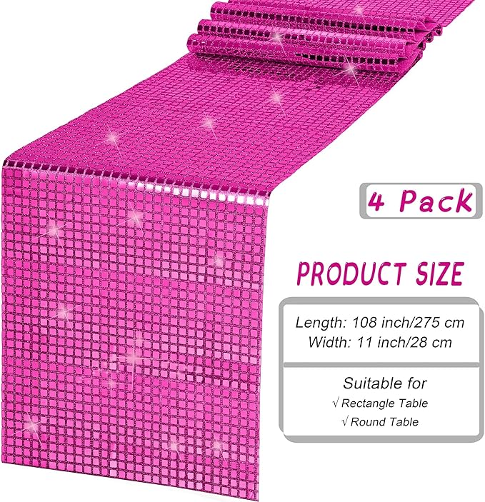 Durony 4 Pack Disco Table Runner 11 x 108 Inch Mirror Hot Pink Glitter Foil - Image 2