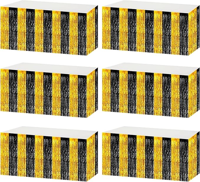 6 Pack 29x108 Inch Black Gold Metallic Foil Fringe Tinsel Table Skirts by AIKENLIN
