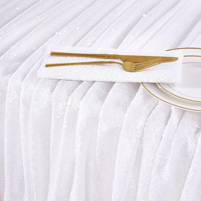 QueenDream White Wedding Tablecloth 90x90 Inch Sequin Fabric Table Cloths - Image 3
