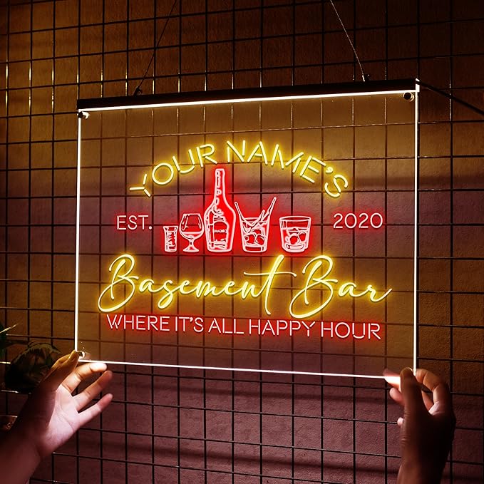 Personalized Basement Bar LED Neon Sign, Custom Name Happy Hour Acrylic Wall - Image 2