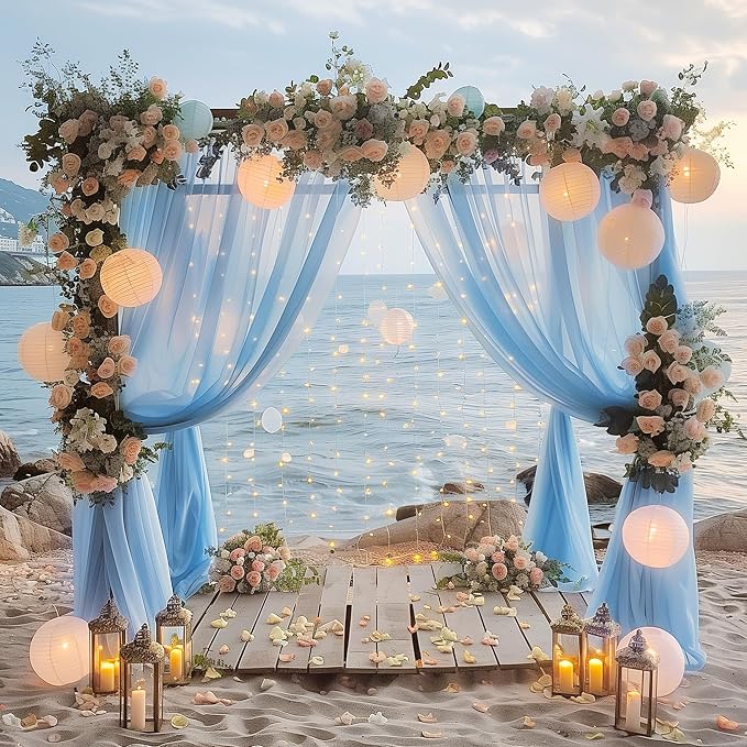 Tulle Backdrop Curtain with Lights String 10FT X 8FT Baby Blue Sheer Tulle - Image 6