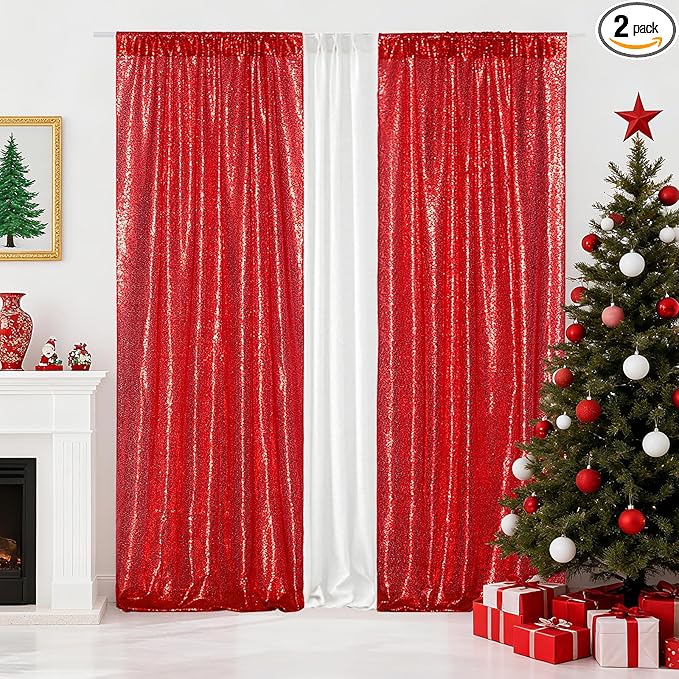 Poise3EHome 2Pcs 2Ft x 8Ft Red Sequin Backdrop Curtains, Glitter Photography by Poise3EHome