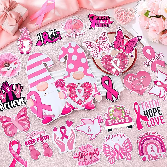 Xuhal 25 Pcs Breast Cancer Awareness Magnets Decoration Pink Gnome Ribbon - Image 3