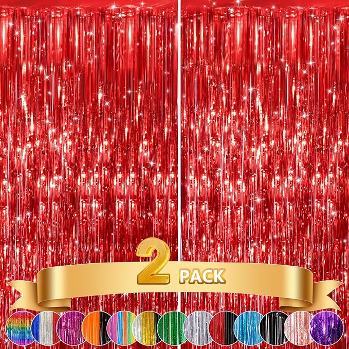2Pack Red Foil Fringe Curtain, Glitter Red Metallic Tinsel Foil Fringe Curtains - Image 3