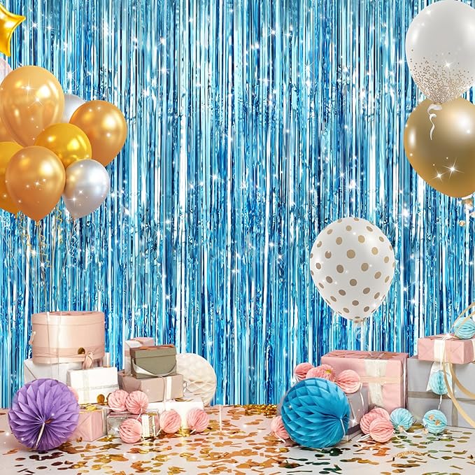 GCB 2Pack Blue Metallic Tinsel Foil Fringe Curtains, Tinsel Curtain Backdrop - Image 6