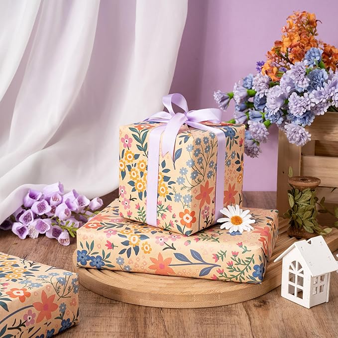 RUSPEPA Kraft Floral Wrapping Paper Roll - Image 3