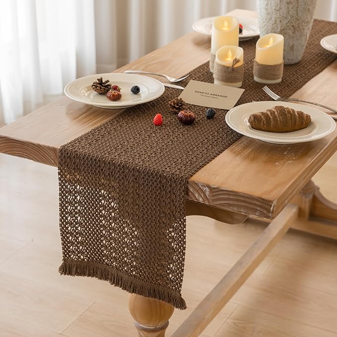 Boho Brown Table Runner for Home Decor 12x48 Inches Farmhouse Macrame Burlap - Image 4