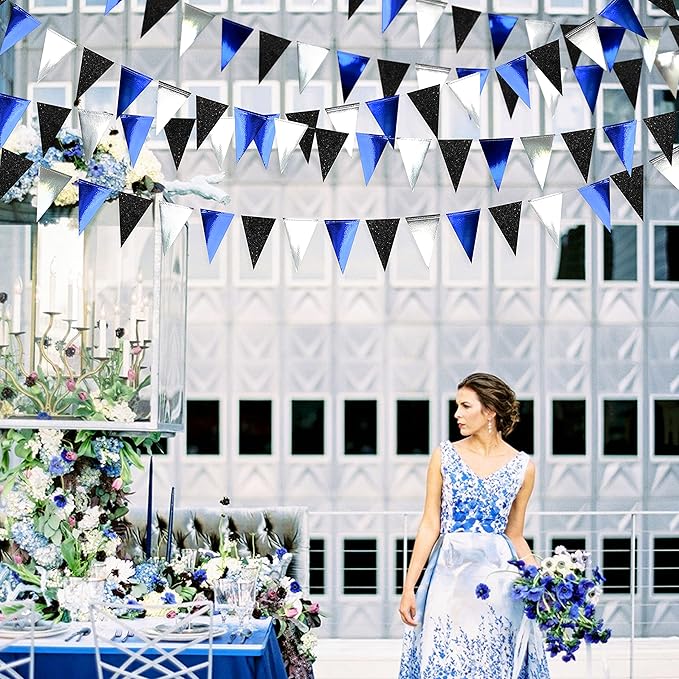 30Ft Navy Blue Black and Silver Party Decorations Royal Blue Triangle Flag - Image 6