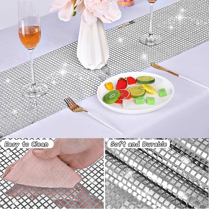 durony 2 Pack Disco Party Table Runner 11 x 108 Inch Mirror Silver Glitter Foil - Image 3