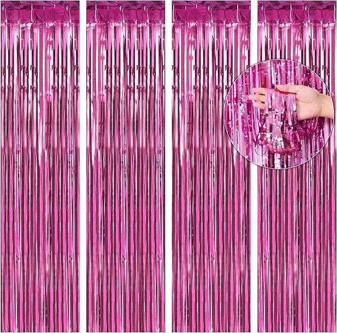BTSD-home 4 Pack Pink Fringe Curtain, Metallic Photo Booth Backdrop Tinsel Door by BTSD-home