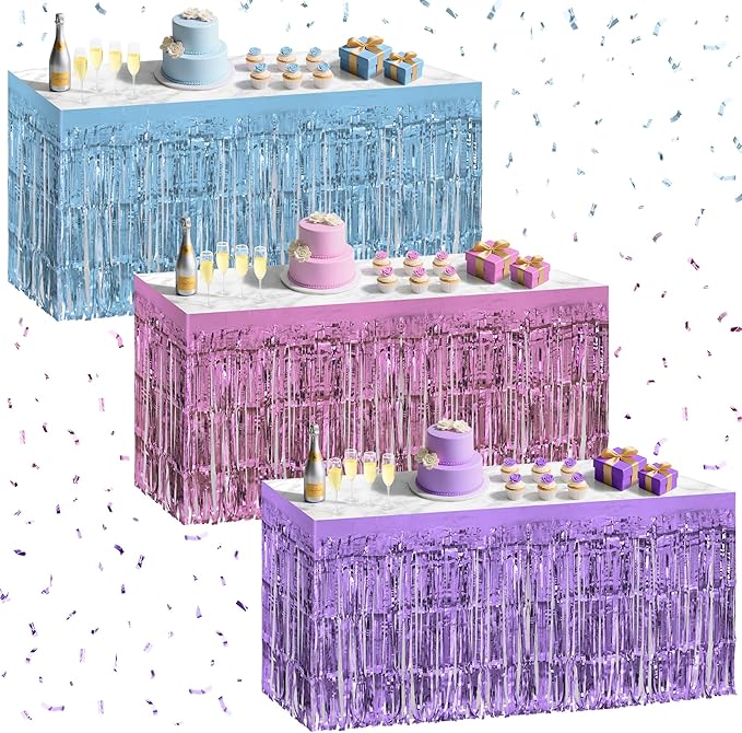3 Pack Light Pink & Blue & Purple Table Skirts, 29x108" Metallic Foil Tinsel by Unknown