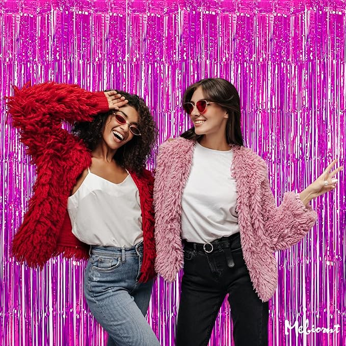 4 Pack Fuchsia Fringe Curtain Backdrop, 3.2Ft x 6.6Ft Metallic Tinsel Foil - Image 5