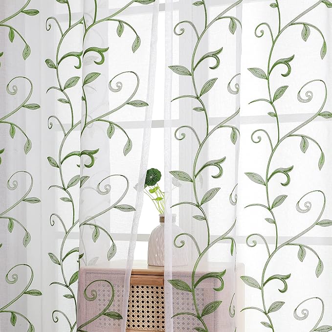 VISIONTEX Embroidered Green Sheer Voile Curtains, Leaves Embroidery Faux Linen - Image 6