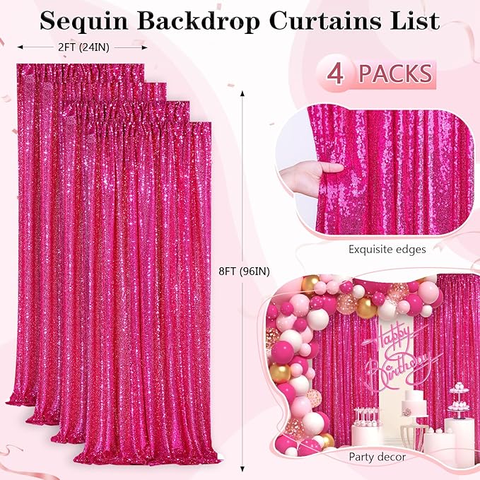 Fuchsia Sequin Backdrop Drapes 4 Panels 2FTx8FT Glitter Backdrop Curtains - Image 3