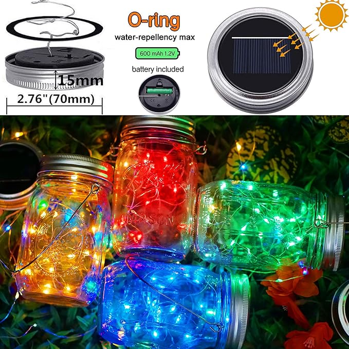 Solar Mason Jar Lights, 8 Pack 20 LED Waterproof Fairy Firefly Jar Lids String - Image 5