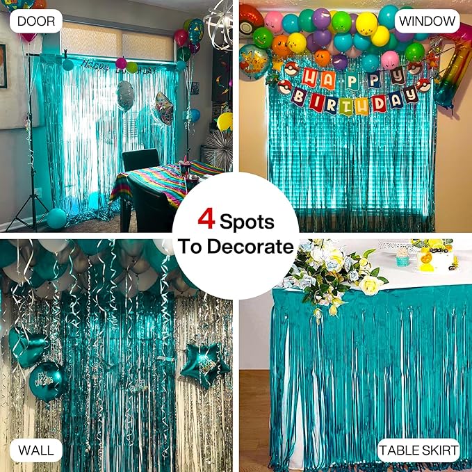 PartyWoo Foil Curtain 2 pcs, 3.3x6.6 ft Metallic Peacock Blue Tinsel Curtains - Image 5