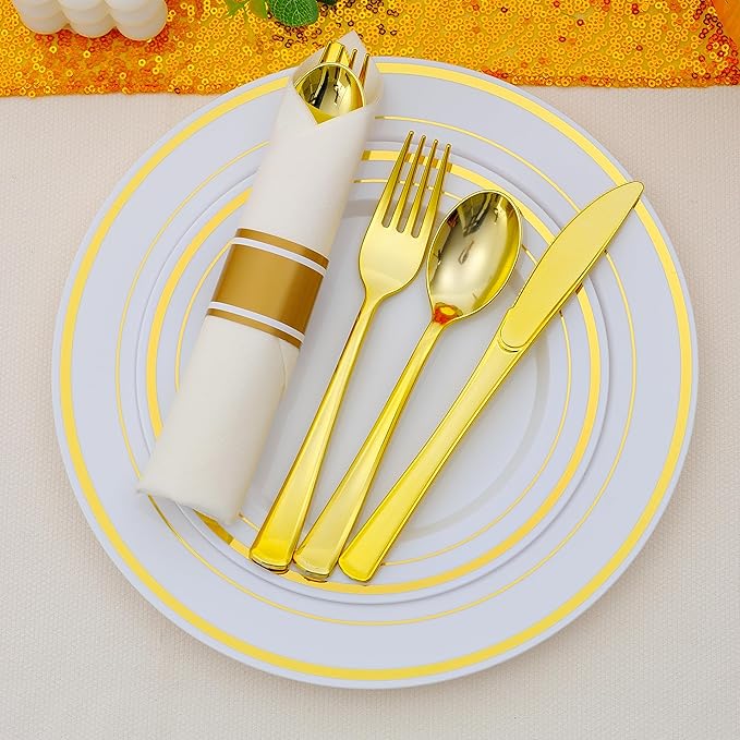 100 Pack Pre Rolled Gold Plastic Silverware Set - Image 4