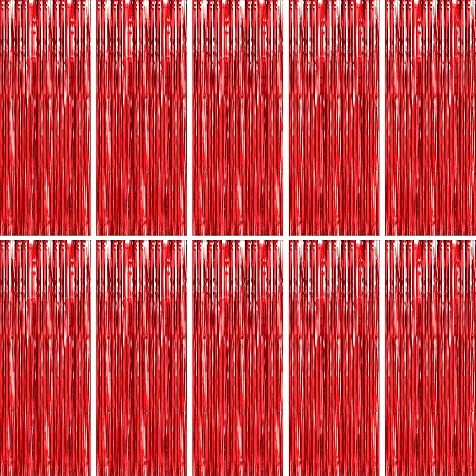 BTSD-home 10 Pack Red Foil Fringe Curtain, Metallic Photo Booth Backdrop Tinsel by BTSD-home