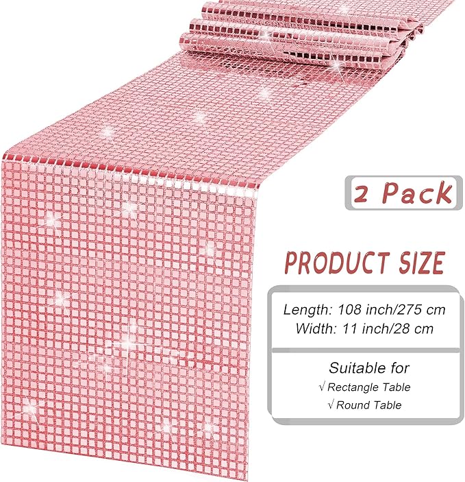 Durony 2 Pack Disco Table Runner 11 x 108 Inch Mirror Rose Gold Glitter Foil - Image 2