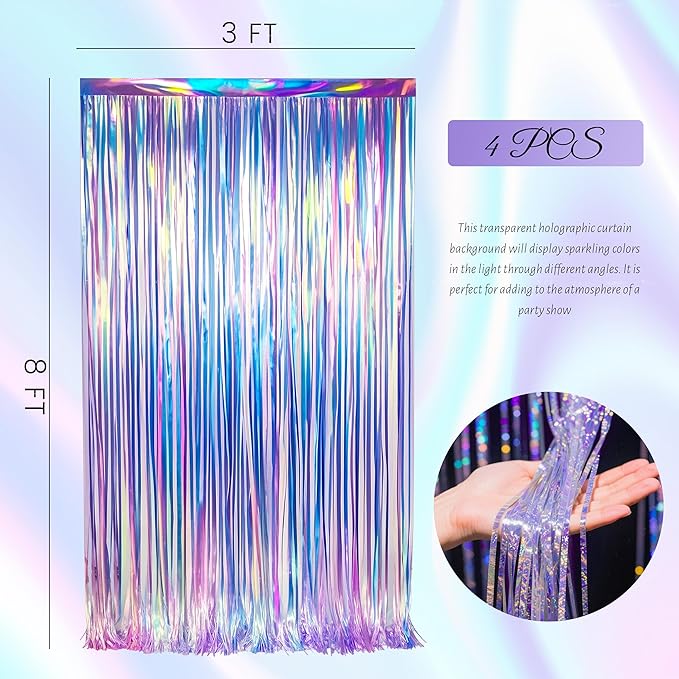 BTSD-home 4 Pack Iridescent Party Streamers Tinsel Foil Fringe Curtain - Image 3