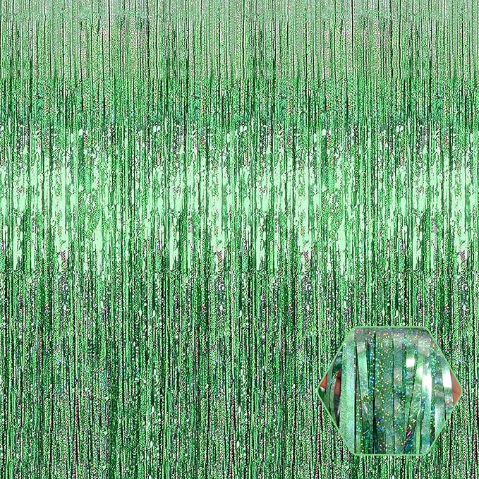 6 Pack Light Green Foil Fringe Curtain Backdrop, 3.28Ft x 8.2Ft Metallic Tinsel by Ferwzsr